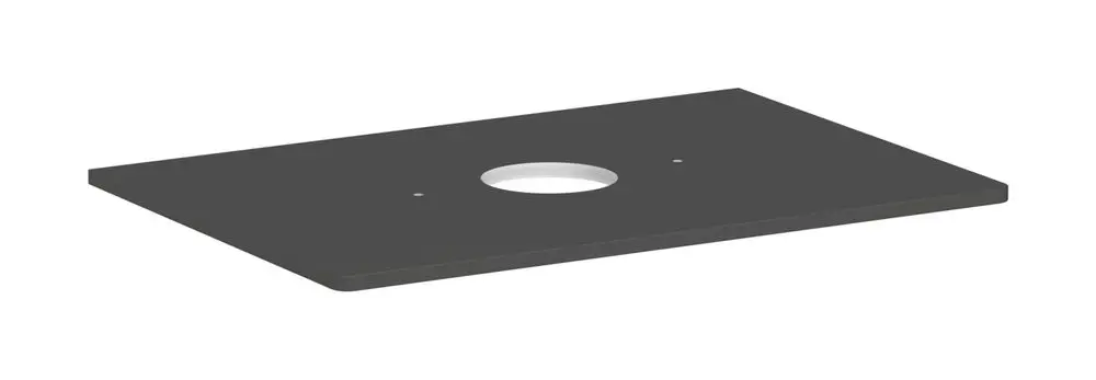 Schwarze Konsole für einen Waschtisch von Hansgrohe, mit zentralem Ausschnitt und zwei kleinen Löchern.